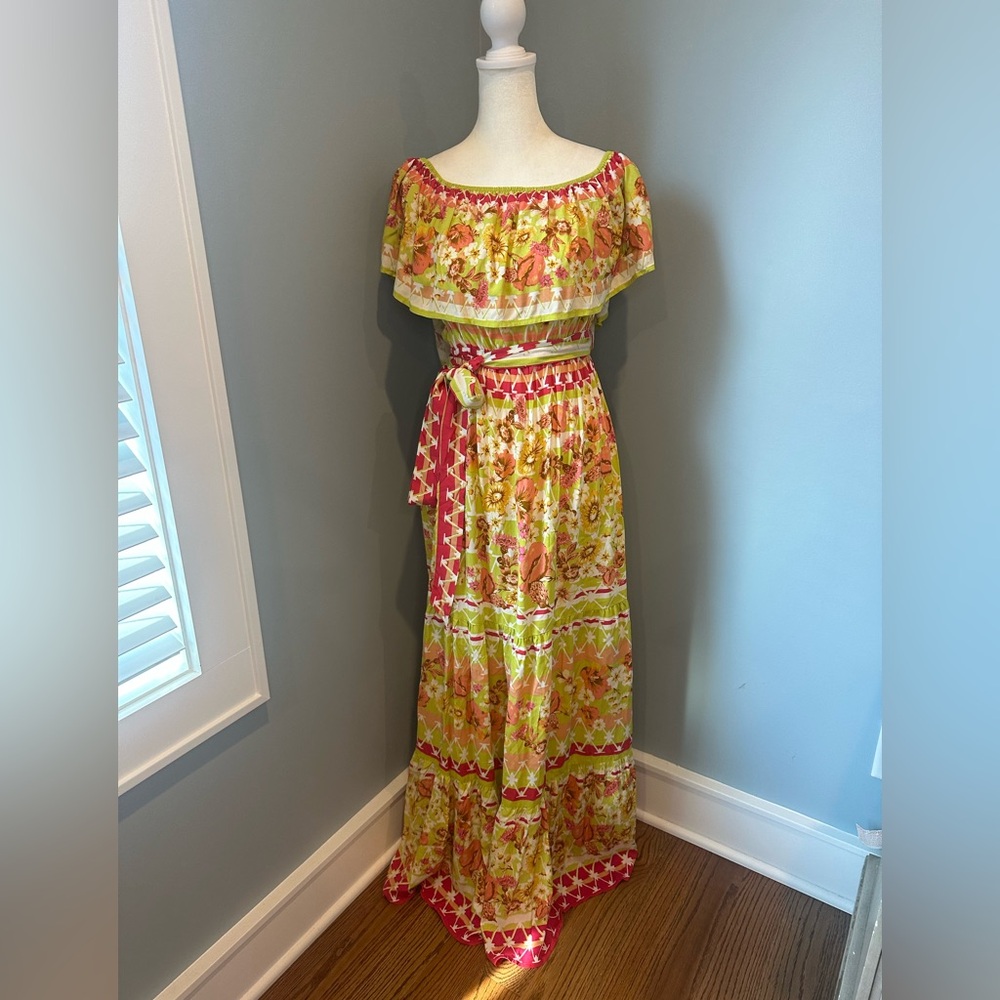 Flying Tomato Pink and Green Rayon Maxi Dress